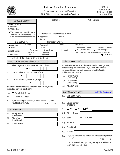 USCIS Form I-129F  Printable Pdf