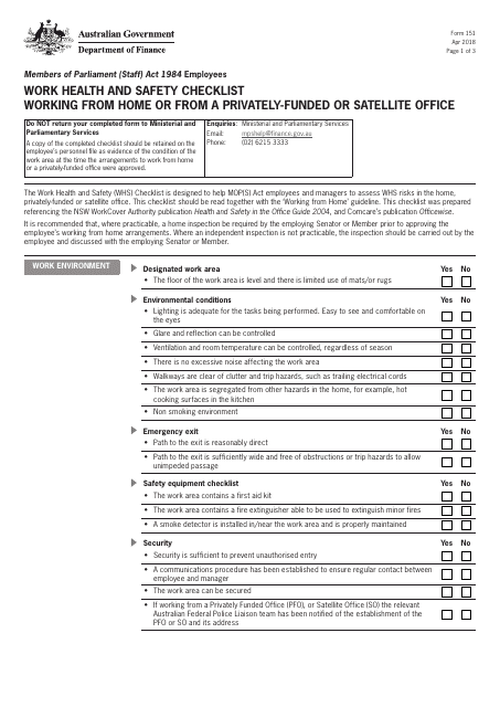 Form 151 Work Health and Safety Checklist - Working From Home or From a Privately-Funded or Satellite Office - Australia