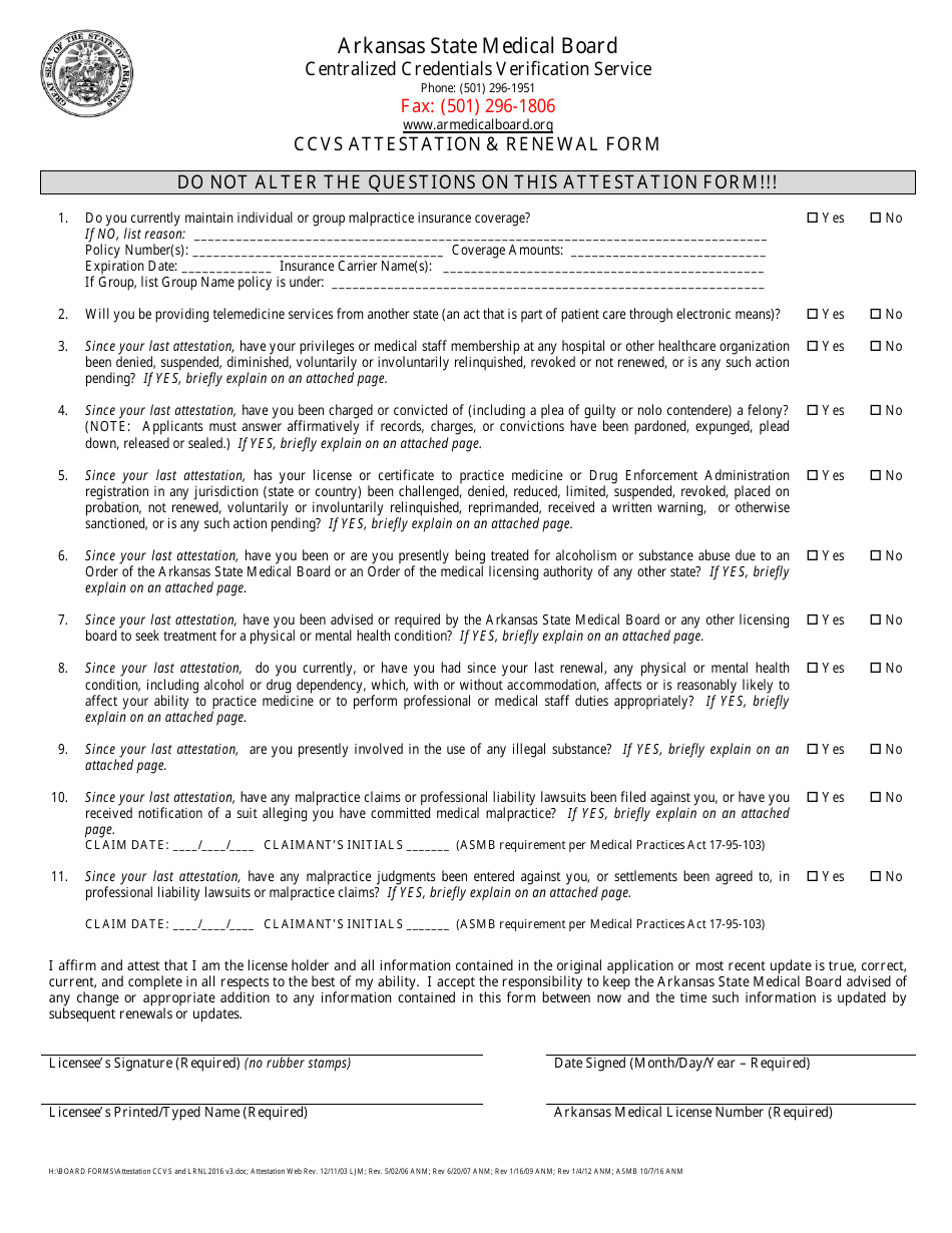 Ccvs Attestation  Renewal Form - Arkansas, Page 1
