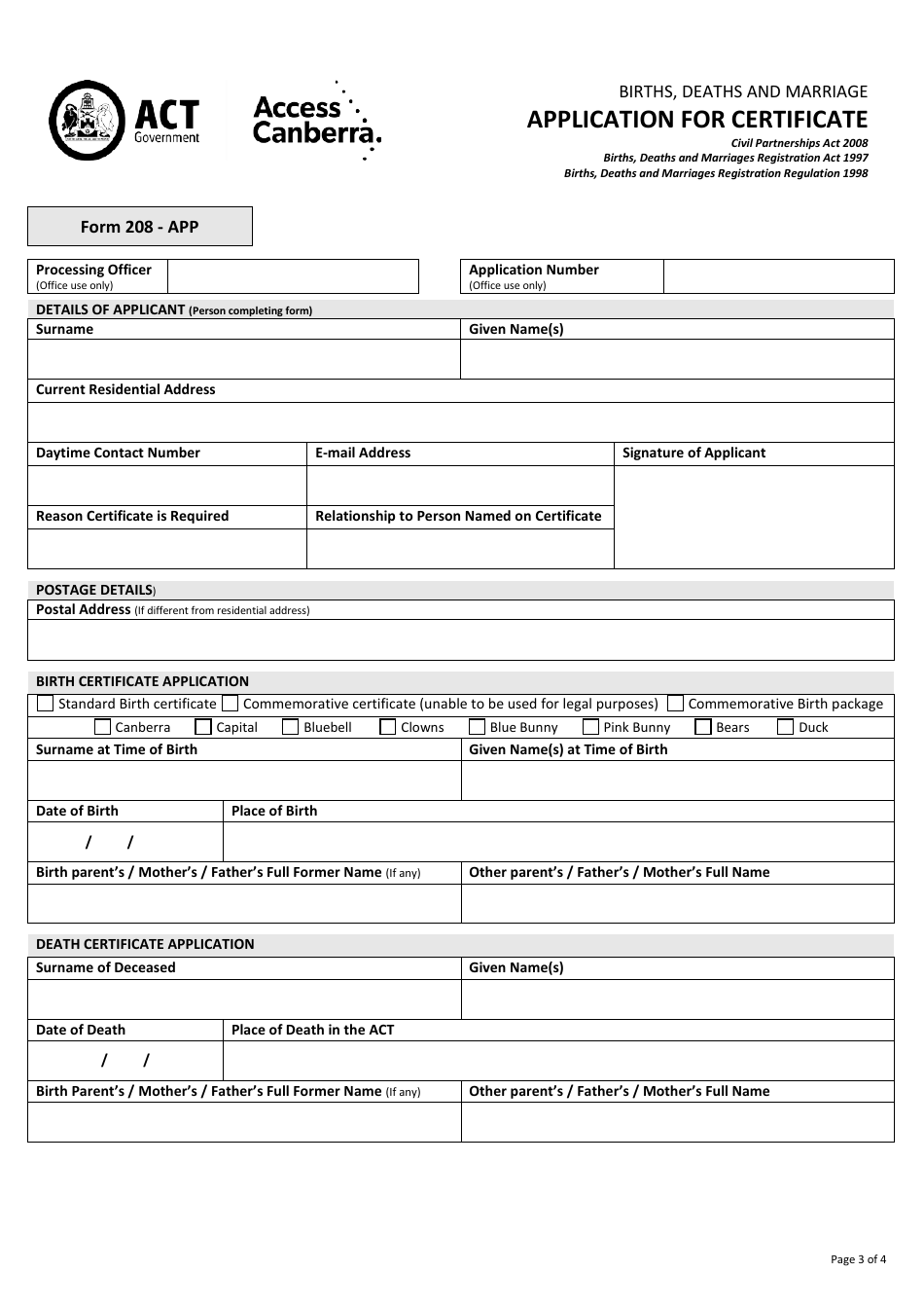 Form 208 Application for Certificate - Canberra, Australian Capital Territory, Australia, Page 3