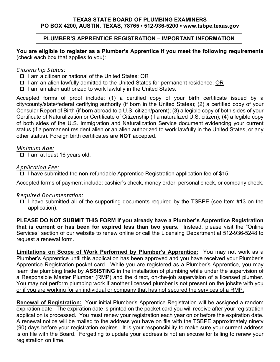 Plumbers Apprentice Registration Application - Texas, Page 1