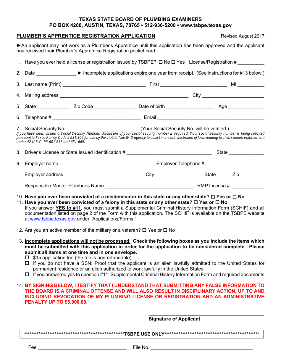 Plumbers Apprentice Registration Application - Texas, Page 3