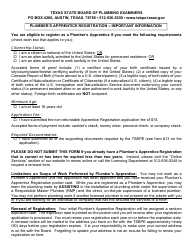 Document preview: Plumber's Apprentice Registration Application - Texas