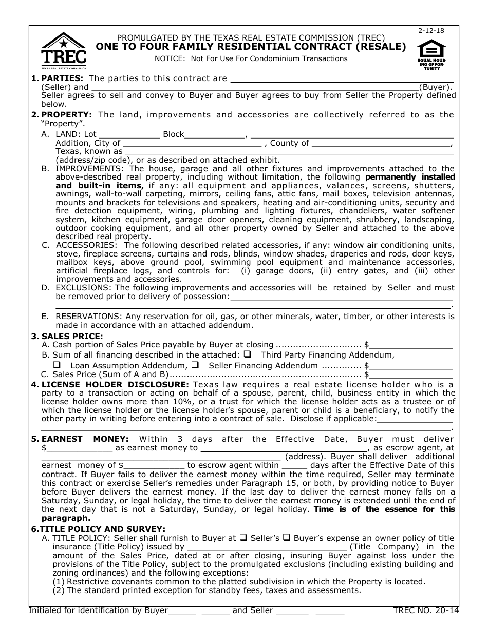 TREC Form 20-14 One to Four Family Residential Contract (Resale) - Texas, Page 1