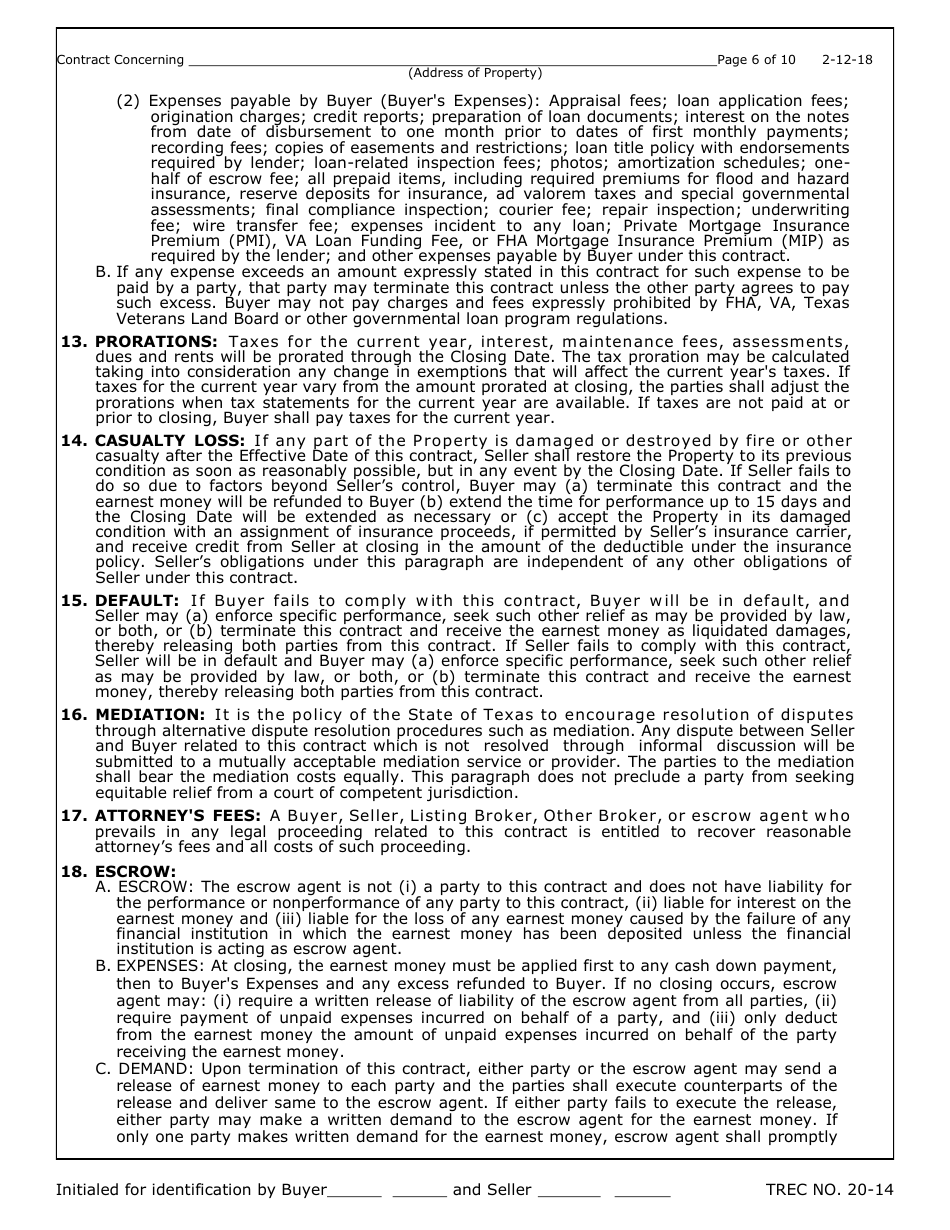 TREC Form 20-14 One to Four Family Residential Contract (Resale) - Texas, Page 6