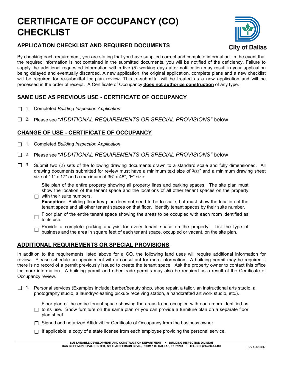 Certificate of Occupancy (Co) Checklist - City of Dallas, Texas, Page 1