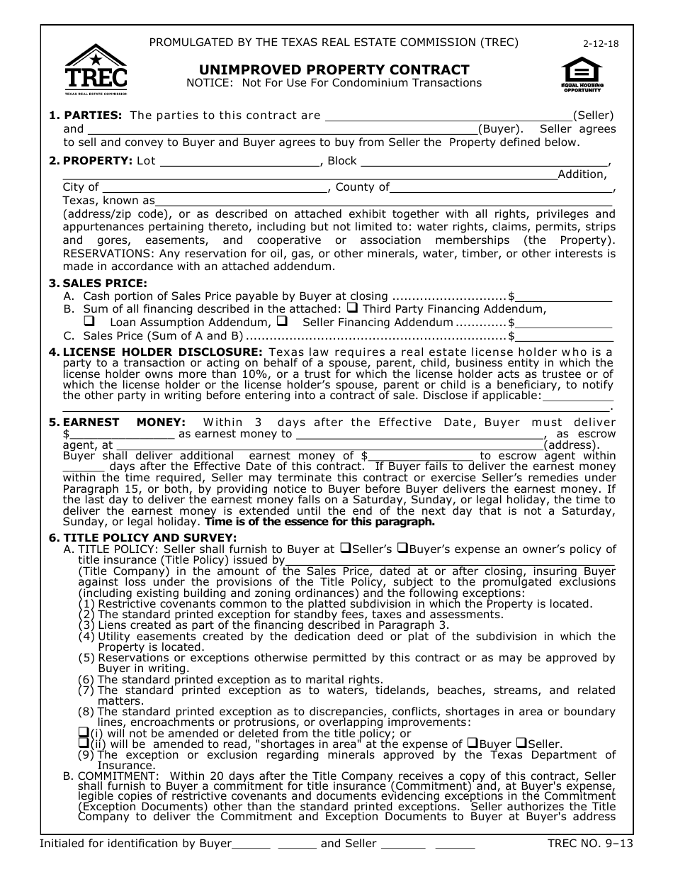 TREC Form 9-13 Unimproved Property Contract - Texas, Page 1