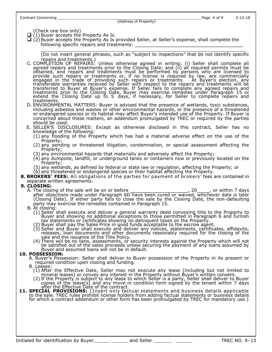 TREC Form 9-13 Unimproved Property Contract - Texas, Page 4