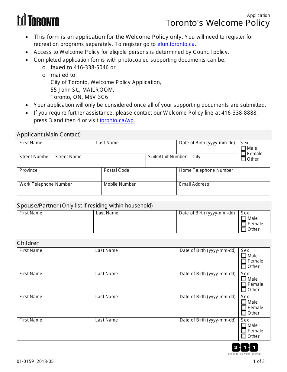 Form 01-0159 Torontos Welcome Policy Application - City of Toronto, Ontario, Canada, Page 1