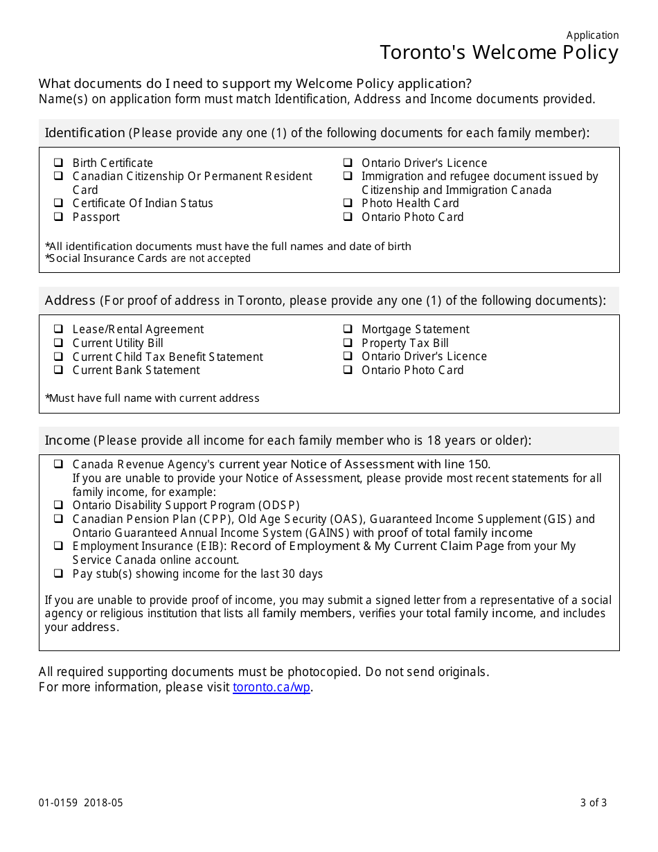 Form 01-0159 Torontos Welcome Policy Application - City of Toronto, Ontario, Canada, Page 3