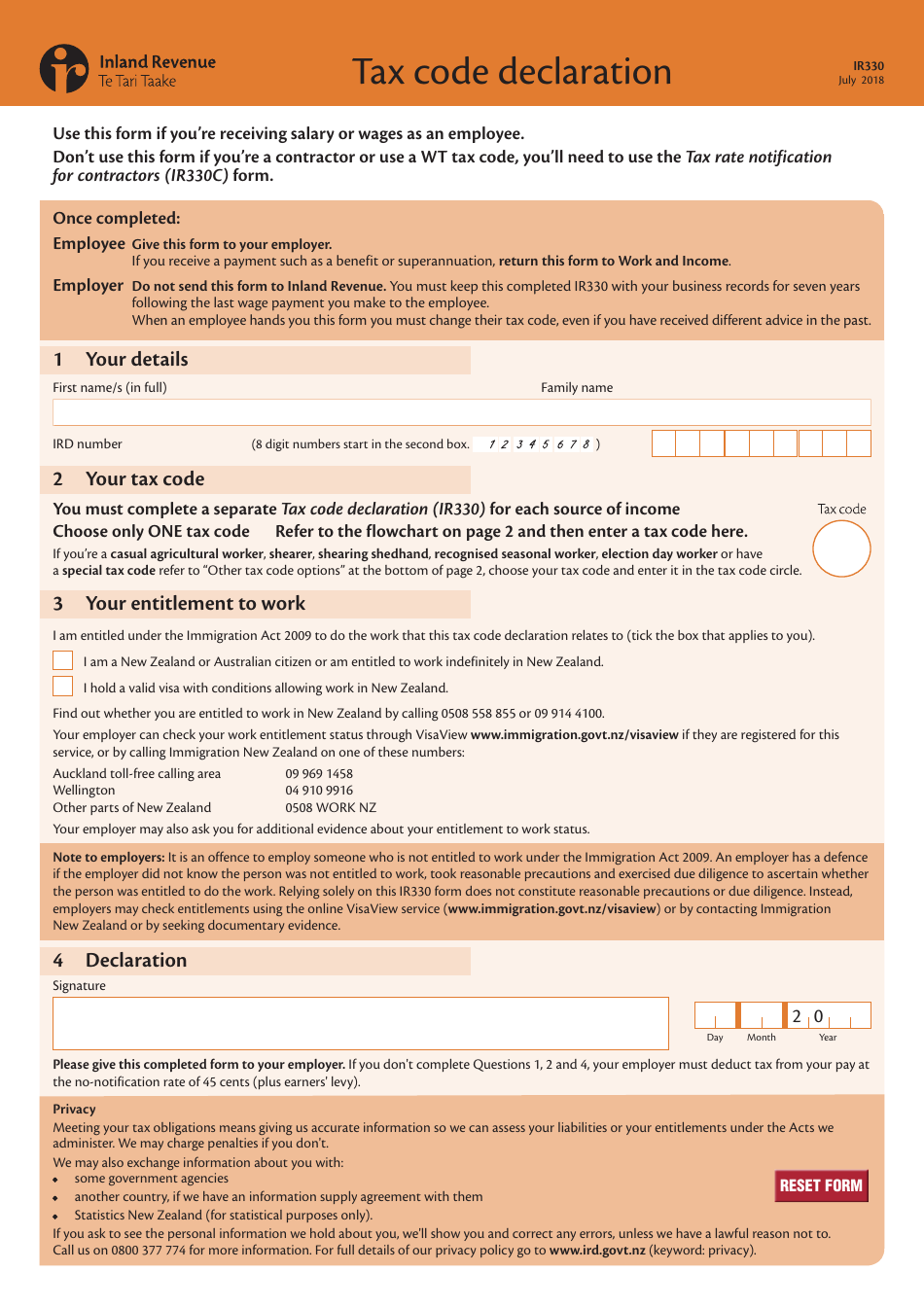 Form IR330 Tax Code Declaration - New Zealand, Page 1