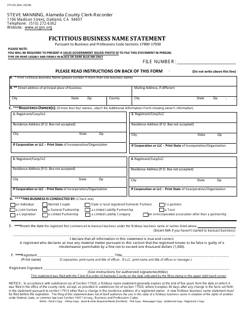 Form 275-321 Fictitious Business Name Statement - County of Alameda, California