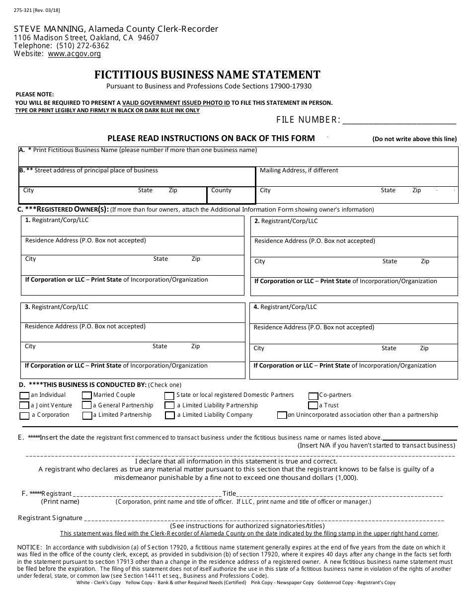 Form 275-321 Fictitious Business Name Statement - County of Alameda, California, Page 1
