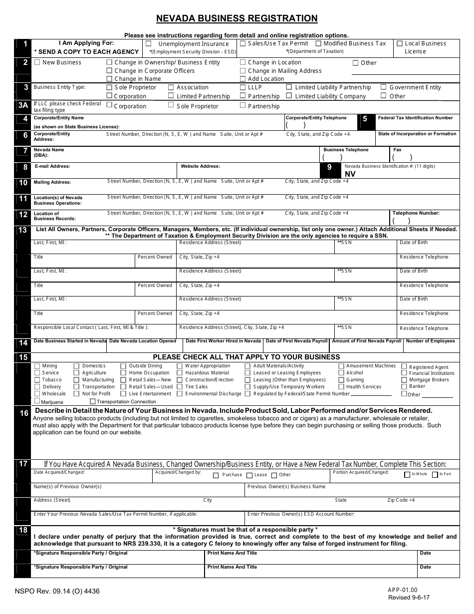 Form NSPO Nevada Business Registration - Nevada, Page 1