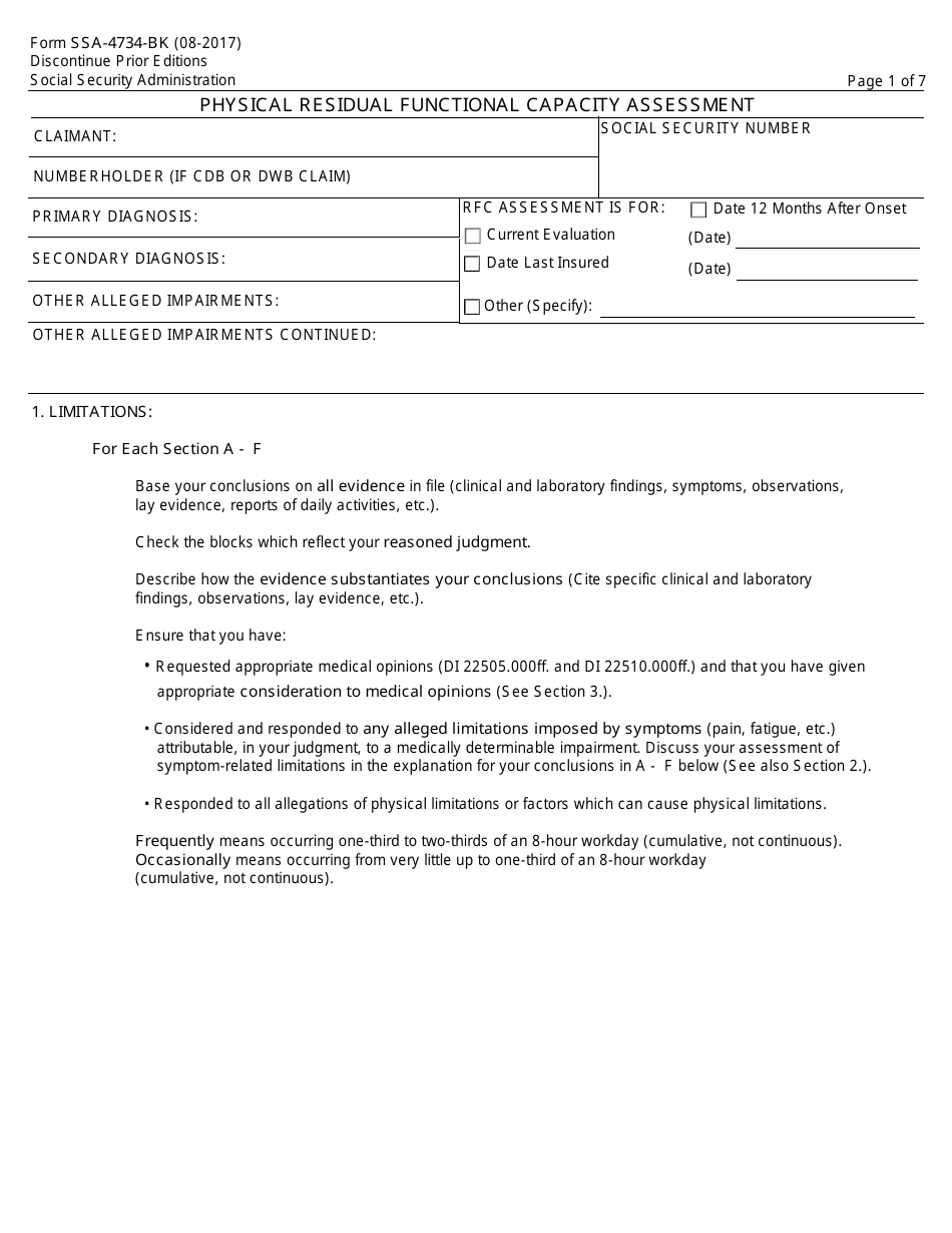 Form SSA-4734-BK Physical Residual Functional Capacity Assessment, Page 1