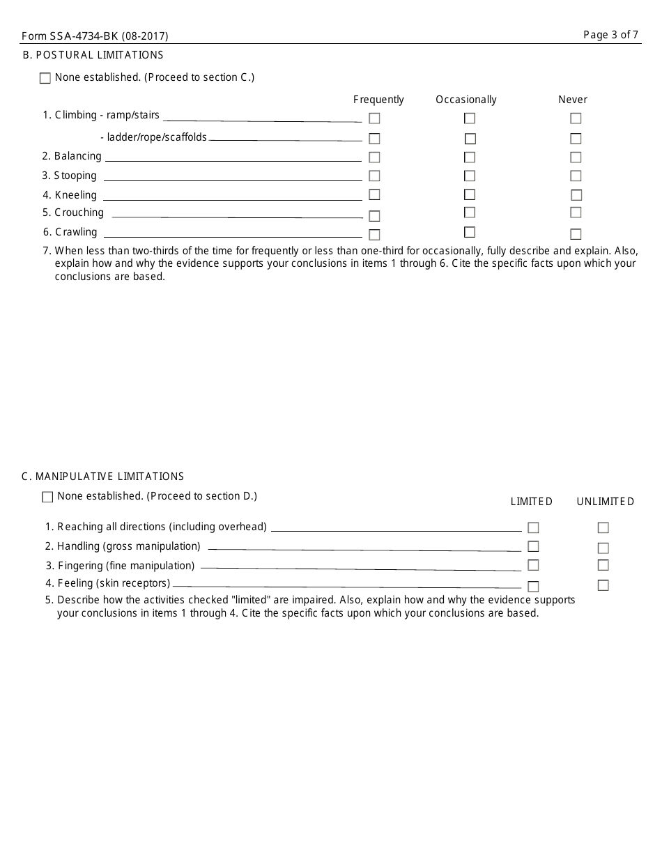 Form SSA-4734-BK Physical Residual Functional Capacity Assessment, Page 3