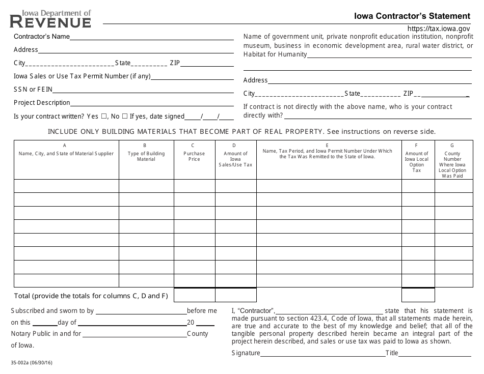 Form 35-002a Iowa Contractors Statement - Iowa, Page 1