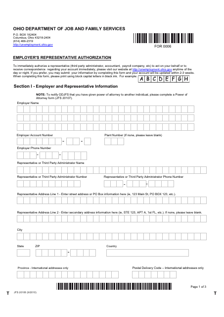 Form JFS20106 Employer's Representative Authorization - Ohio