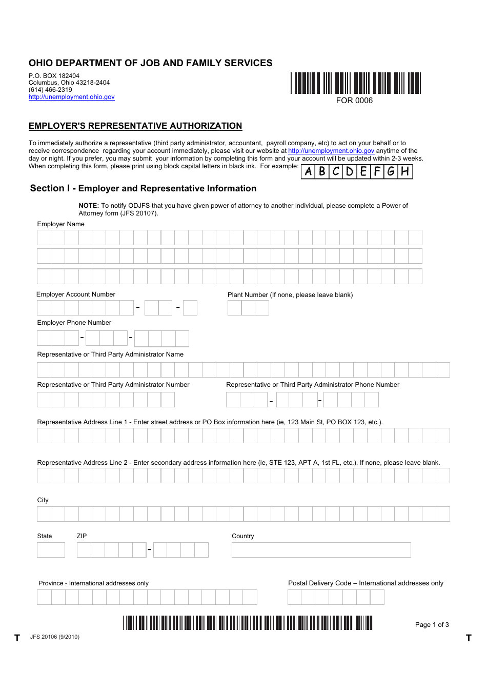 Form JFS20106 Employers Representative Authorization - Ohio, Page 1