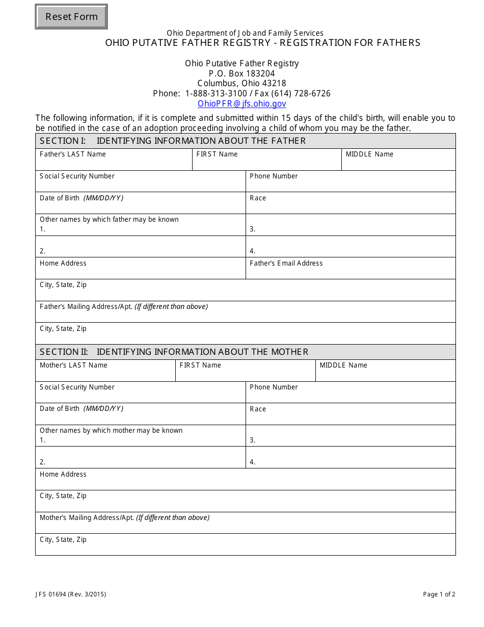 Form JFS01694 Ohio Putative Father Registry - Registration for Fathers - Ohio, Page 1