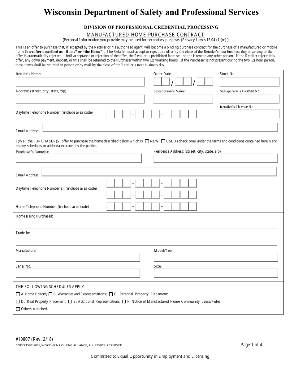 Form 10807 Manufactured Home Purchase Contract - Wisconsin, Page 1