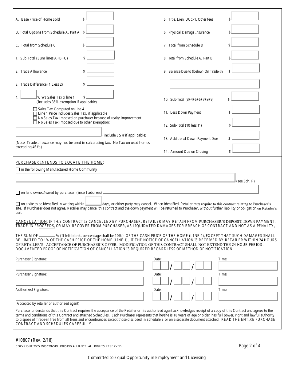 Form 10807 Manufactured Home Purchase Contract - Wisconsin, Page 2