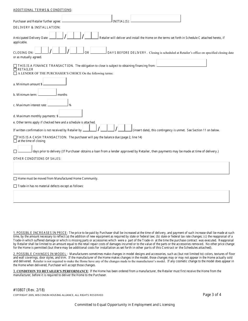 Form 10807 Manufactured Home Purchase Contract - Wisconsin, Page 3
