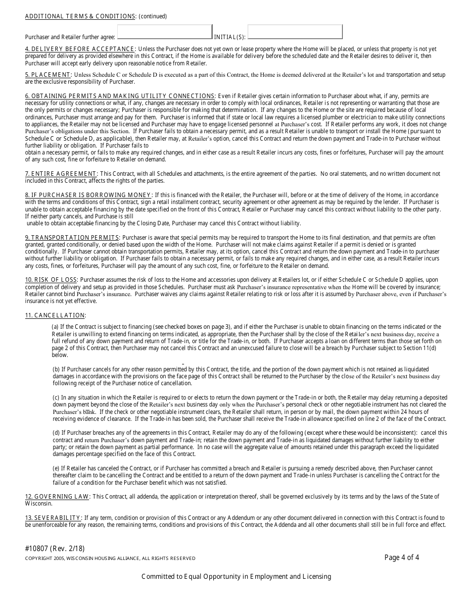 Form 10807 Manufactured Home Purchase Contract - Wisconsin, Page 4