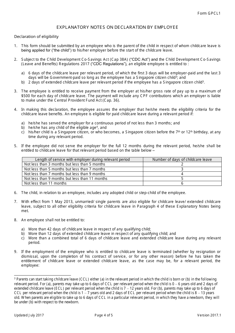 Form GPCL1 Government-Paid Childcare Leave (Gpcl) Scheme Declaration by Employee - Singapore, Page 4
