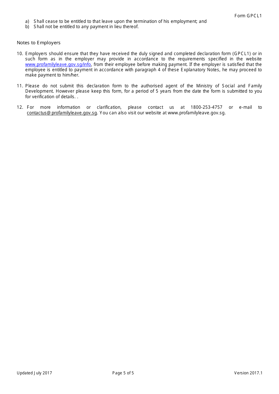 Form GPCL1 Government-Paid Childcare Leave (Gpcl) Scheme Declaration by Employee - Singapore, Page 5