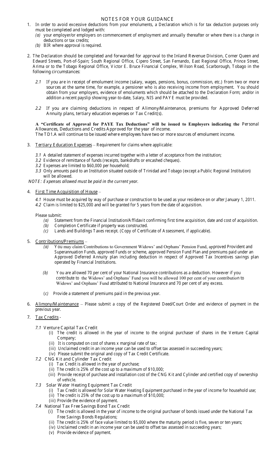 Form T.D.-1 Employees Declaration of Emoluments, Deductions and Tax Credits - Trinidad and Tobago, Page 3