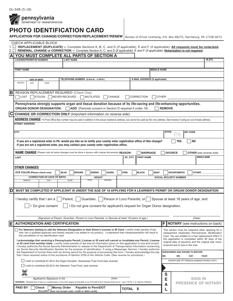 Form DL-54B Photo Identification Card - Application for Change/Correction/Replacement/Renew - Pennsylvania, Page 1