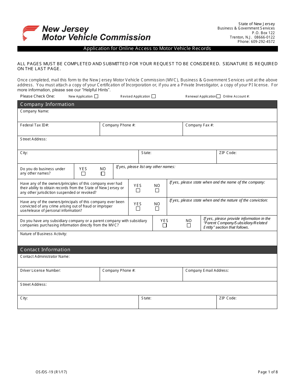 Form OS / DS-19 Application for Online Access to Motor Vehicle Records - New Jersey, Page 1