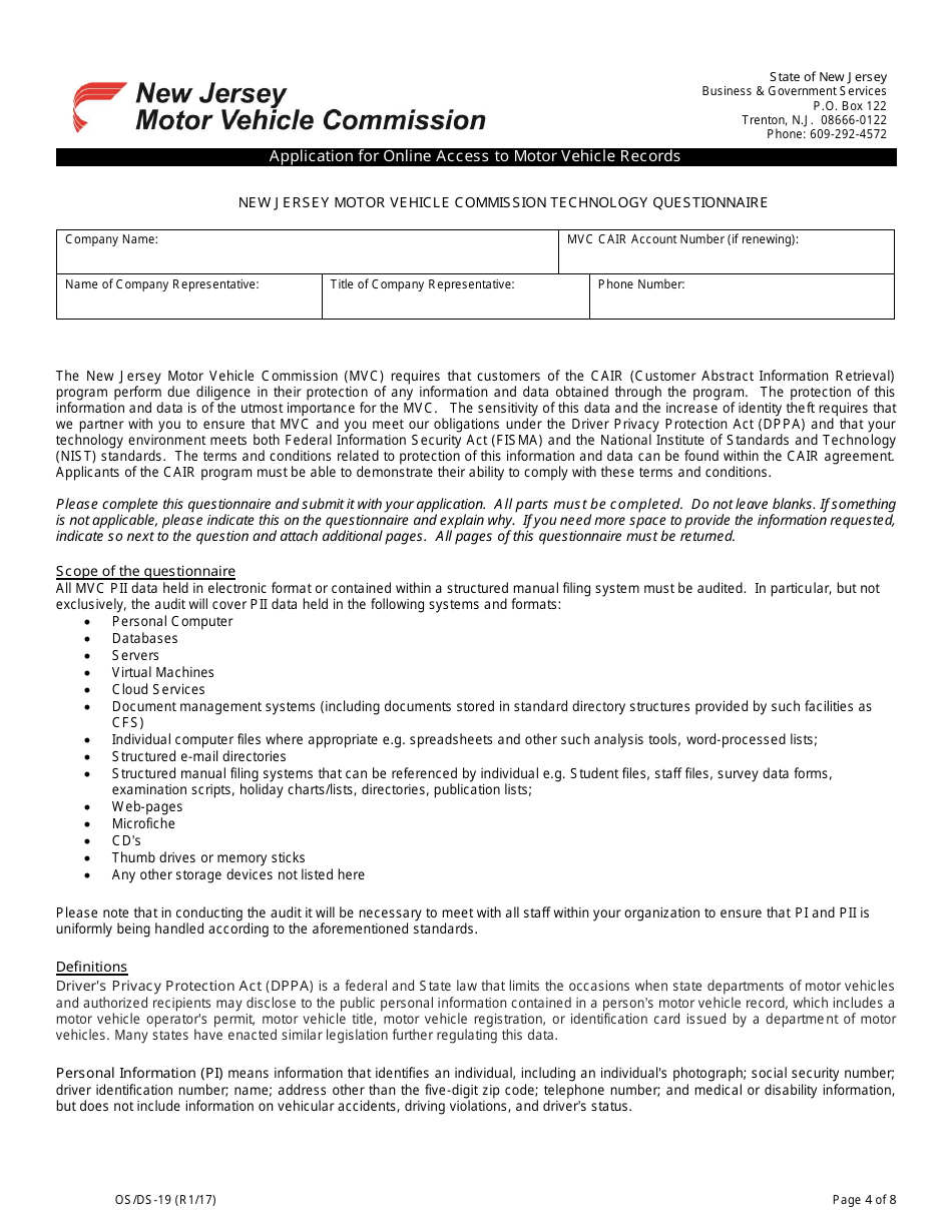 Form OS / DS-19 Application for Online Access to Motor Vehicle Records - New Jersey, Page 4