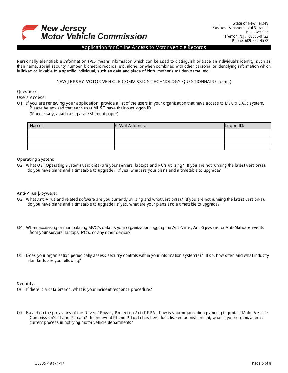 Form OS / DS-19 Application for Online Access to Motor Vehicle Records - New Jersey, Page 5