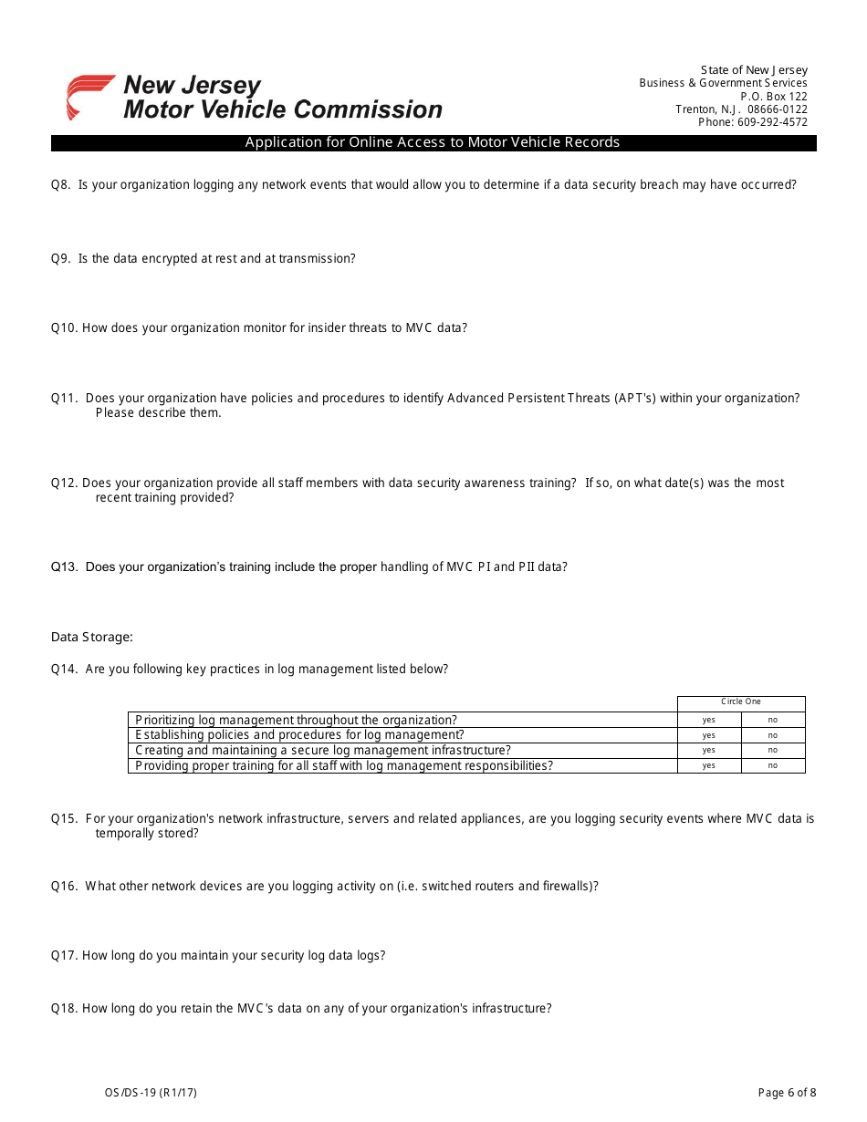 Form OS / DS-19 Application for Online Access to Motor Vehicle Records - New Jersey, Page 6