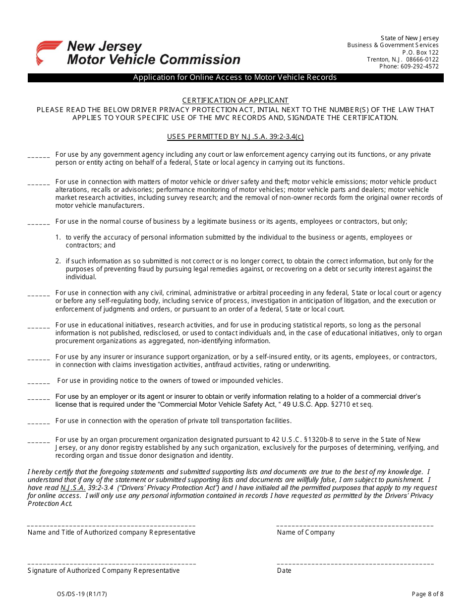 Form OS / DS-19 Application for Online Access to Motor Vehicle Records - New Jersey, Page 8