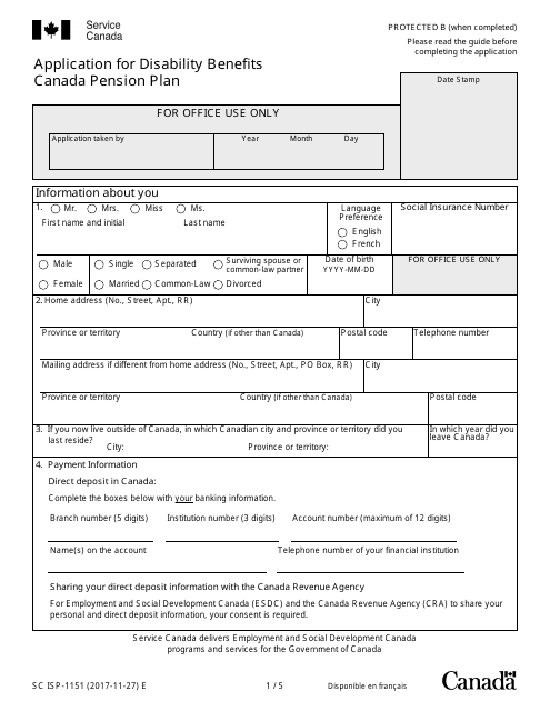Form SC ISP-1151 Application for Disability Benefits Canada Pension Plan - Canada