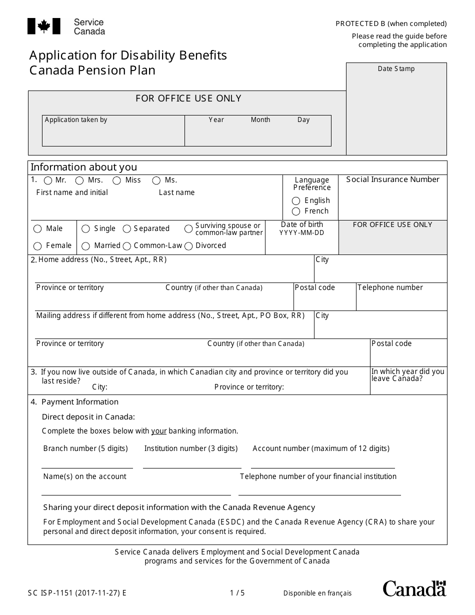Form SC ISP-1151 Application for Disability Benefits Canada Pension Plan - Canada, Page 1