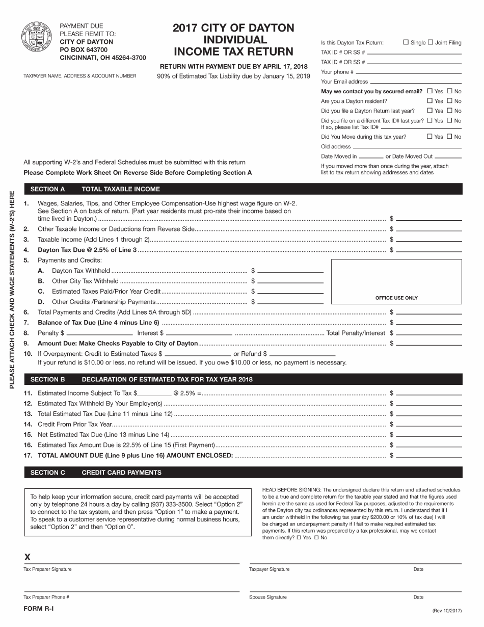 Form R-1 Individual Income Tax Return - City of Dayton, Ohio, Page 1