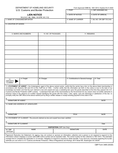 CBP Form 3485  Printable Pdf