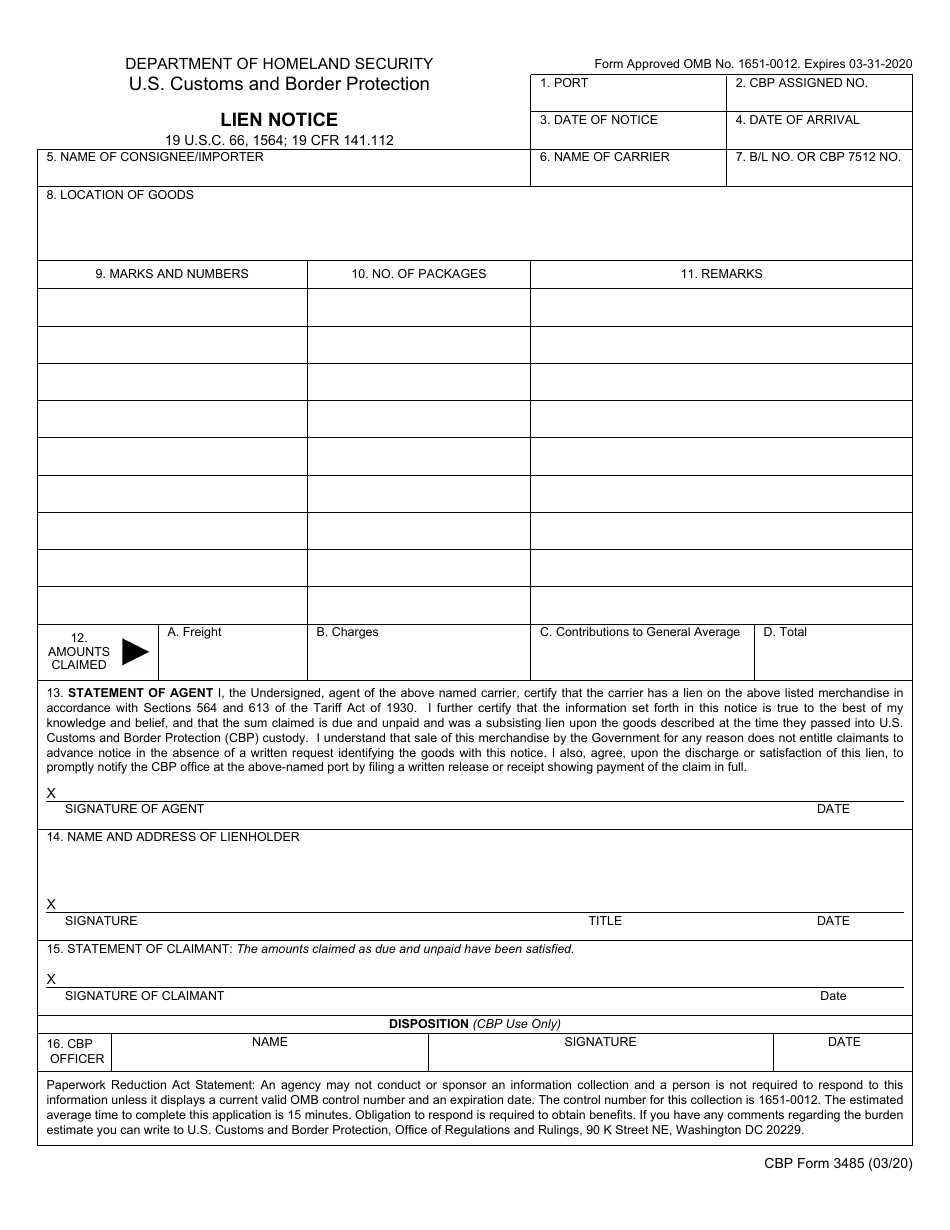 CBP Form 3485 Lien Notice, Page 1