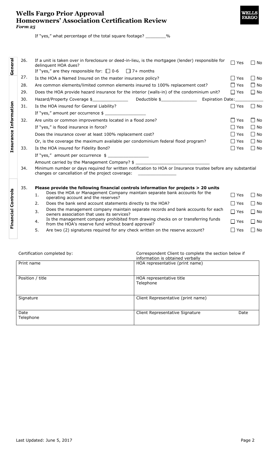 Form 25 Wells Fargo Prior Approval Homeowners Association Certification Review - Wells Fargo, Page 2