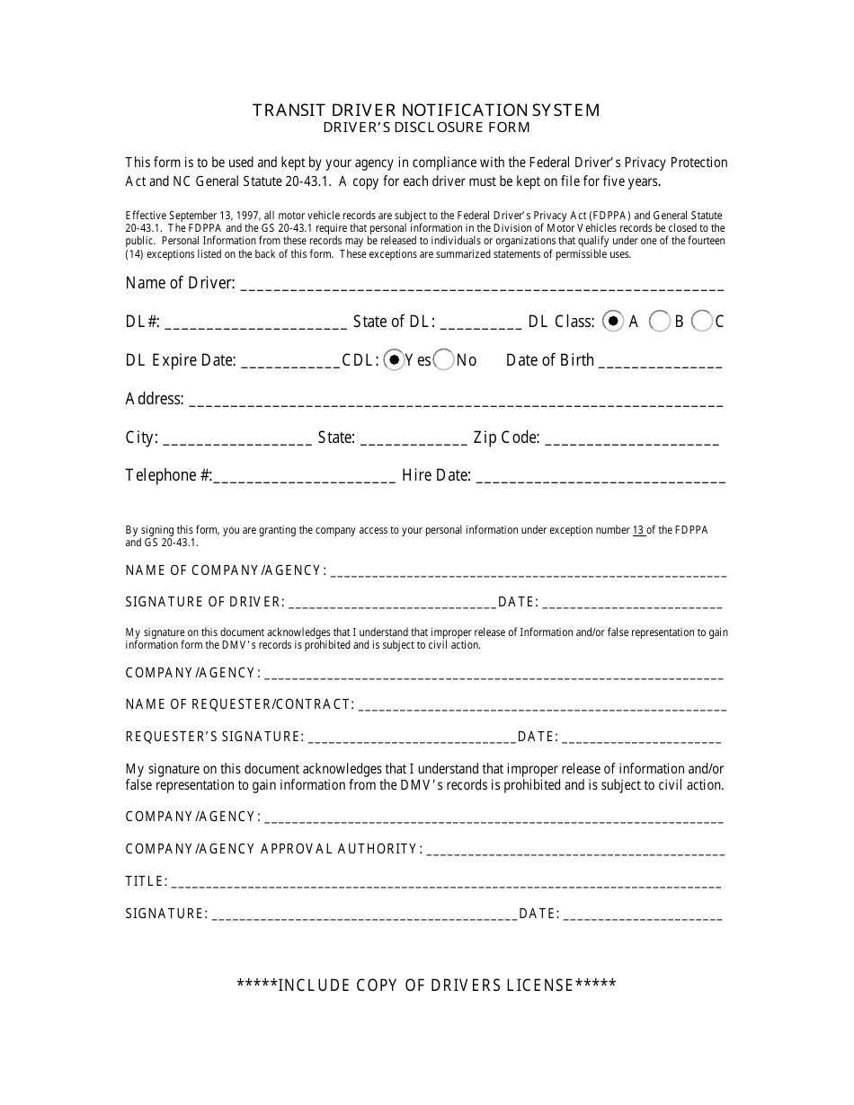 Transit Driver Notification System - Drivers Disclosure Form - North Carolina, Page 1