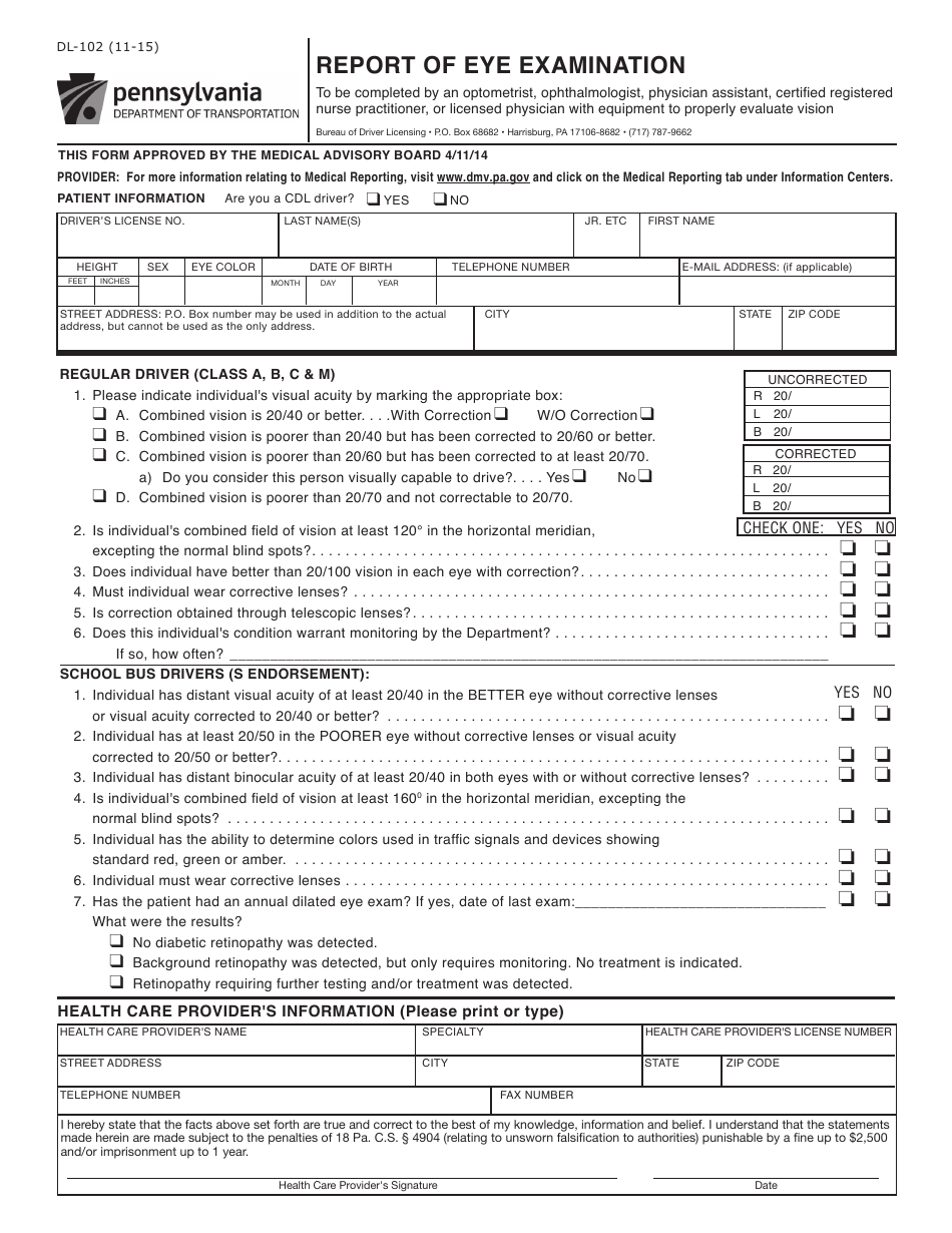 Form DL-102 Report of Eye Examination - Pennsylvania, Page 1