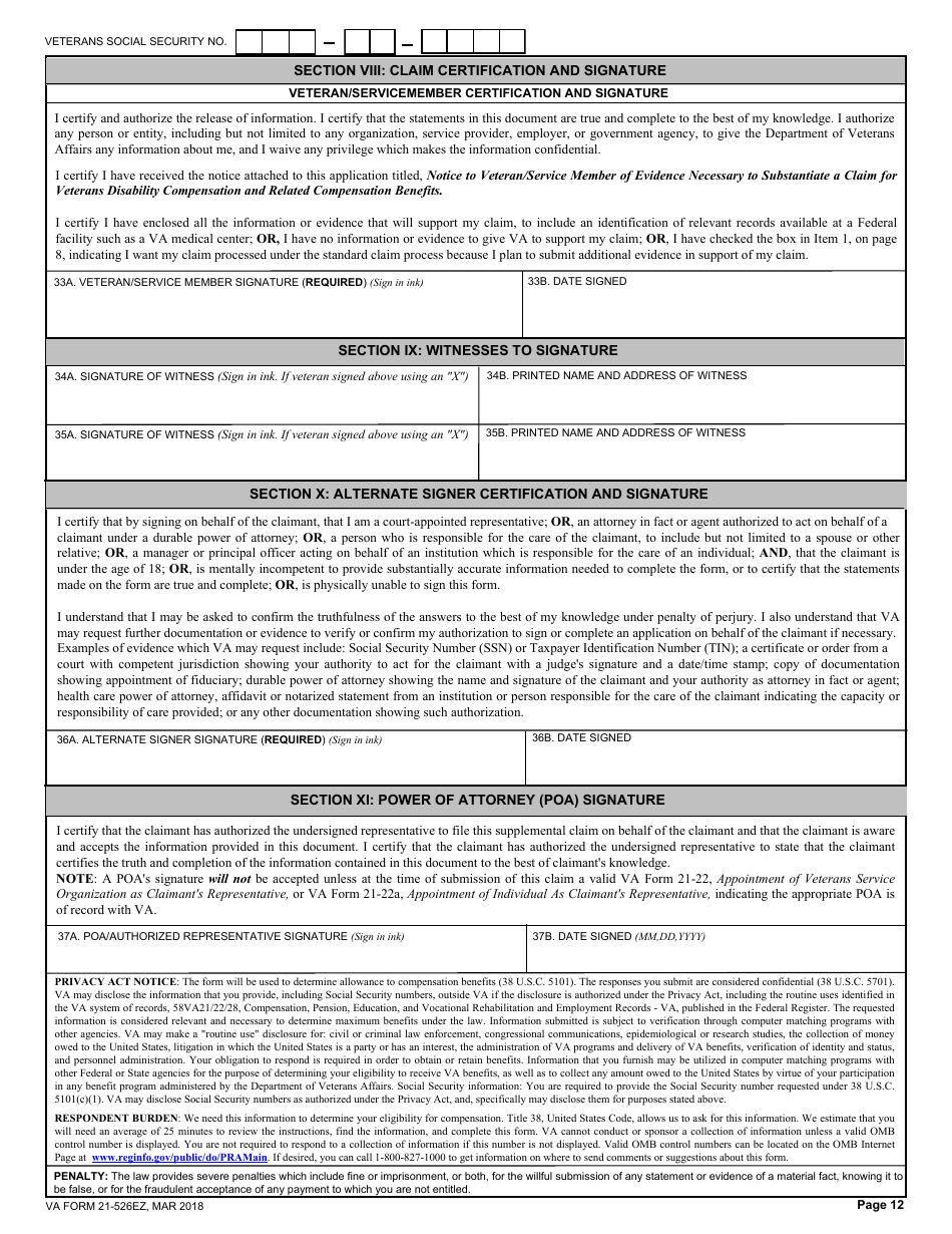 VA Form 21-526EZ Application for Disability Compensation and Related Compensation Benefits, Page 12