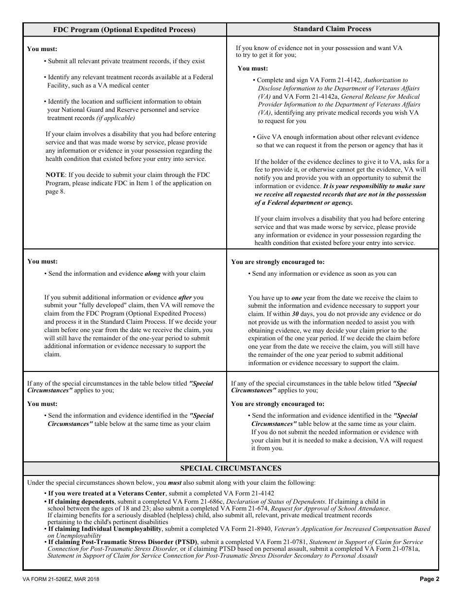 VA Form 21-526EZ Application for Disability Compensation and Related Compensation Benefits, Page 2