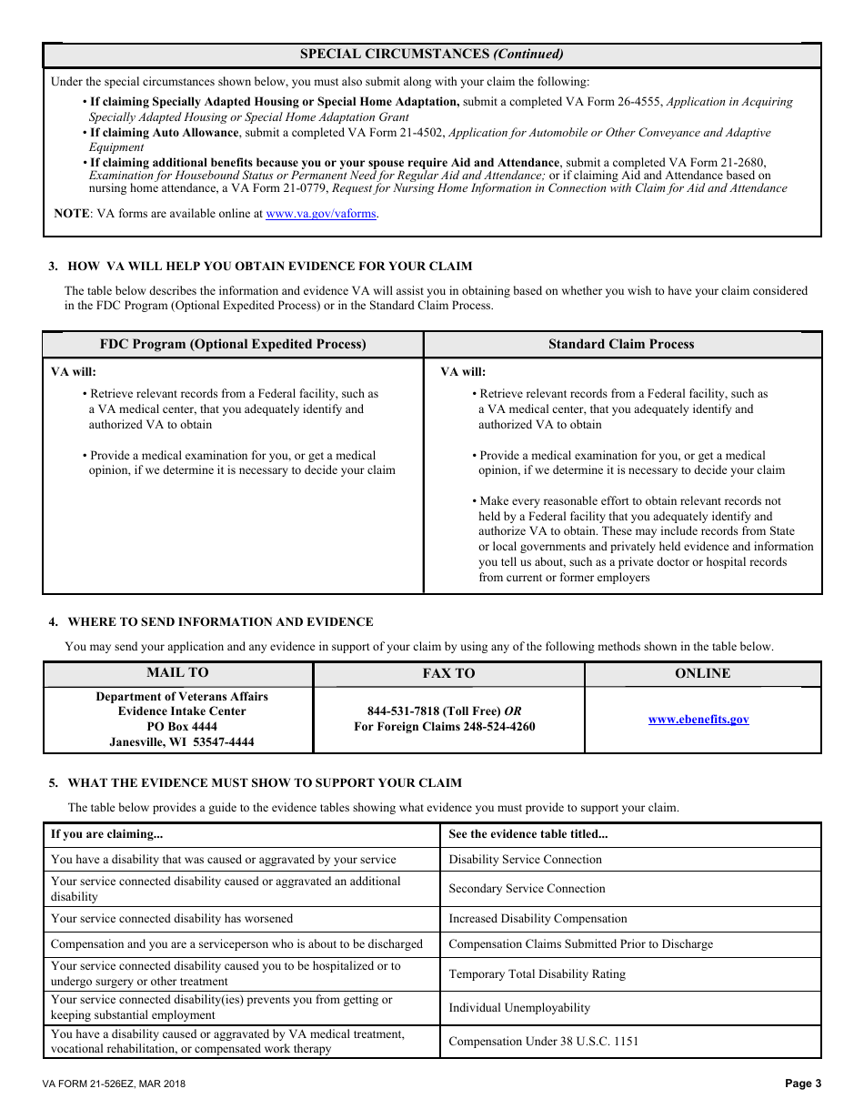 VA Form 21-526EZ Application for Disability Compensation and Related Compensation Benefits, Page 3