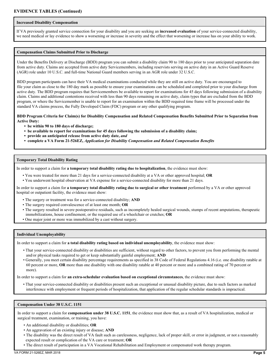 VA Form 21-526EZ Application for Disability Compensation and Related Compensation Benefits, Page 5