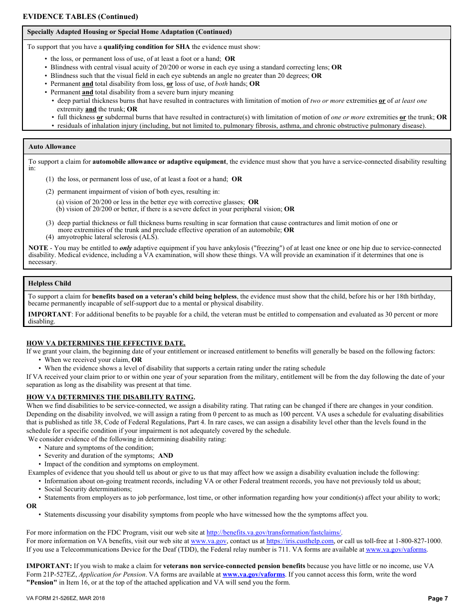 VA Form 21-526EZ Application for Disability Compensation and Related Compensation Benefits, Page 7